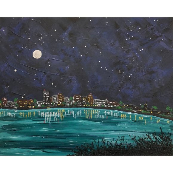 City Nights, 8" x 10" Landscape Acrylic Original Painting, Signed, Unique Art